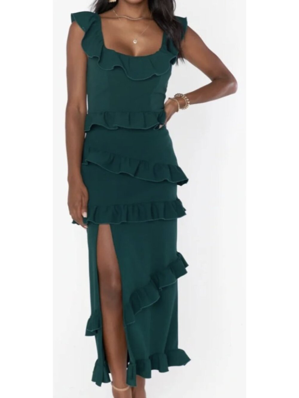 SHOW ME YOUR MUMU Greta Ruffle Midi Dress Emerald Green Sz 1X Wedding Cocktail